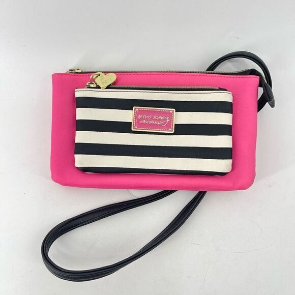 Betsey Johnson New York NY Womens Crossbody Bag Striped Hot Pink Zippered - Picture 14 of 15